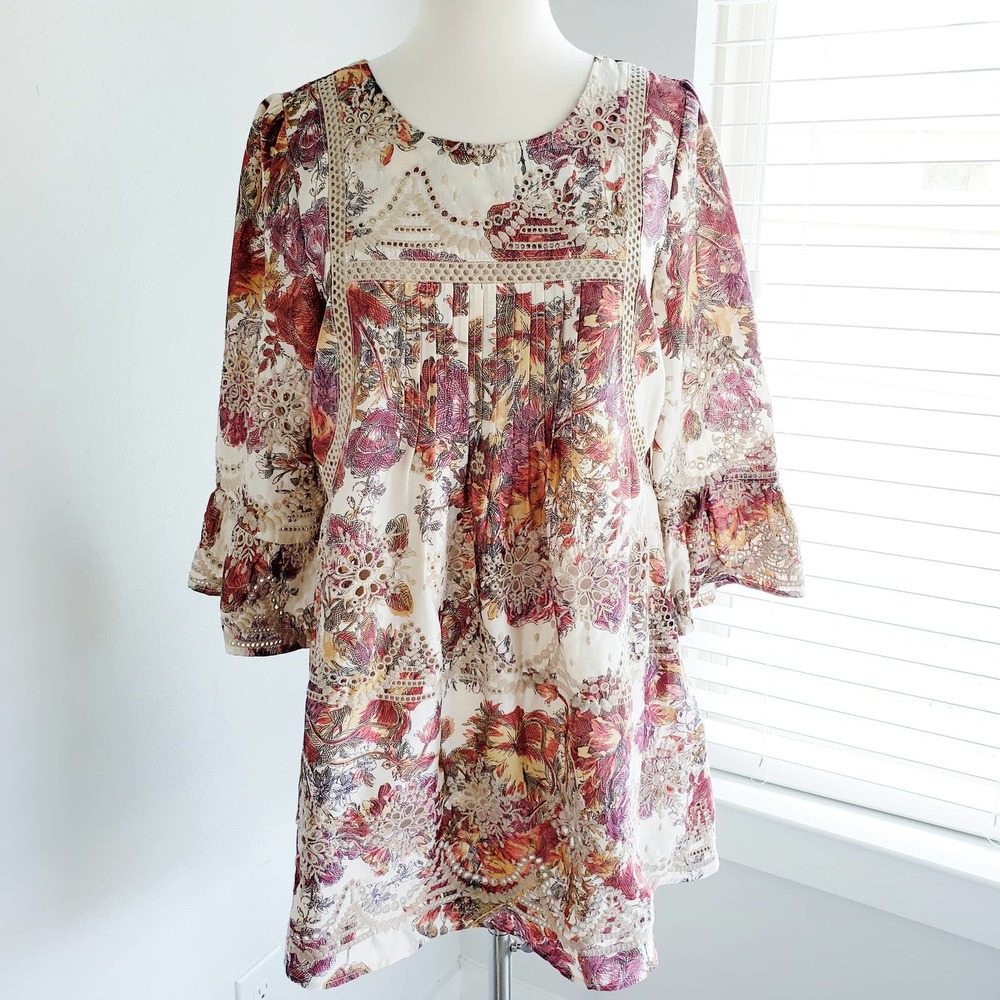 Ivy Jane Tunic Top Boho Floral Embroidered Small